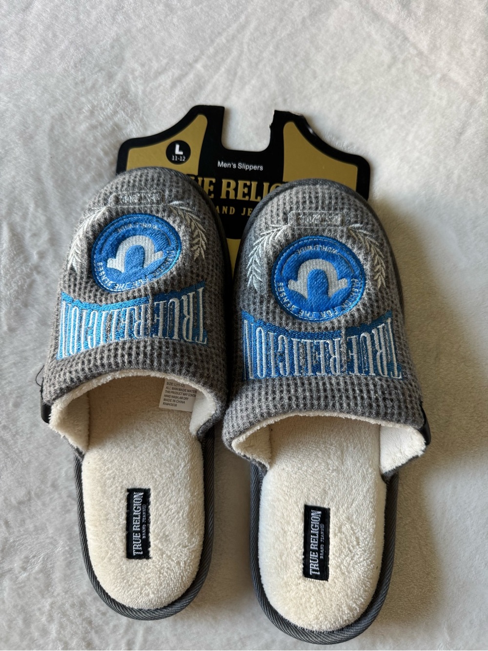 True Religion Grey Knit Slip-On Slippers with Blue Logo